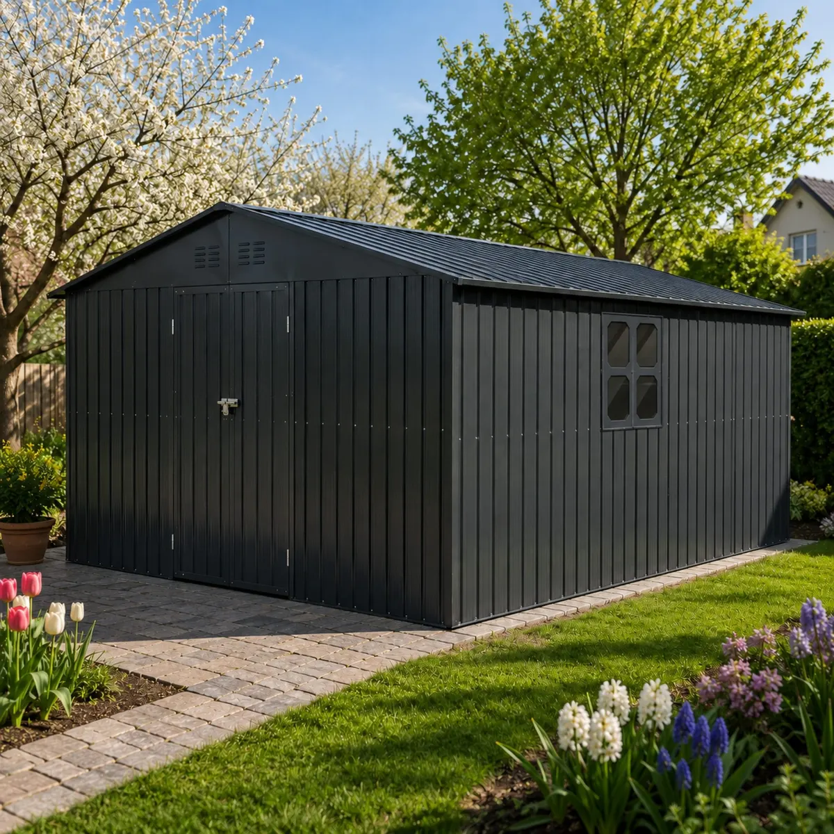 Gerätehaus im Garten mit geöffneter Tür