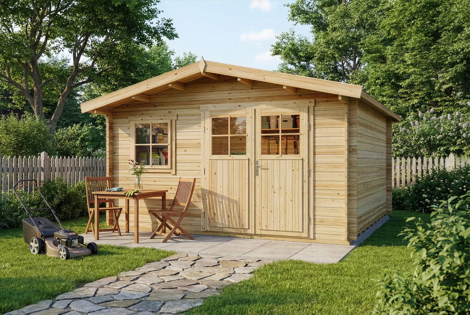 Gartenhaus aus Holz in einem gepflegten Garten